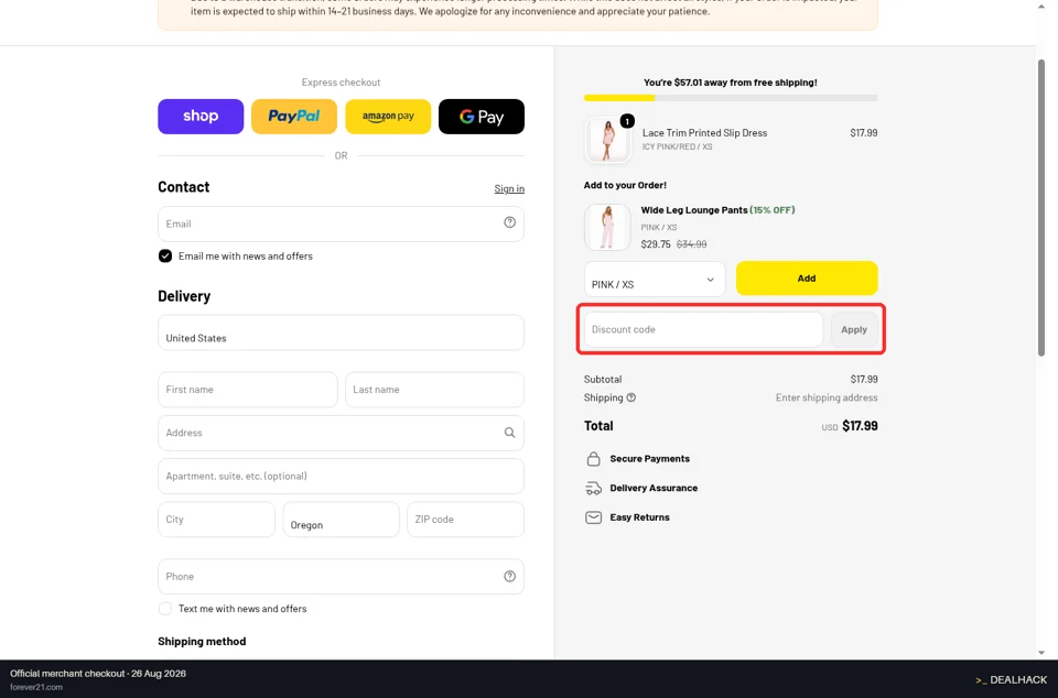 Forever 21 checkout page showing the Discount code field and Apply button
