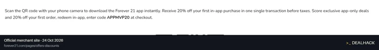 Screenshot of Forever 21's website on Oct 24, 2026 showing the "20% Off First Forever 21 In-App Purchase" offer