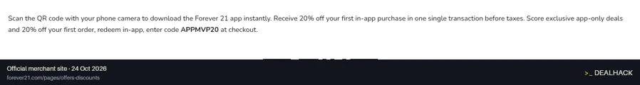 Screenshot of Forever 21's website on Oct 24, 2026 showing the "20% Off First Forever 21 In-App Purchase" offer