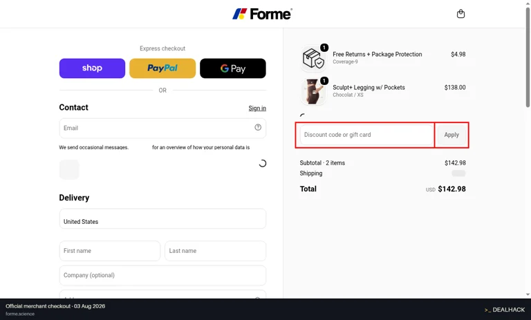 Forme checkout page showing the Discount code or gift card field and Apply button