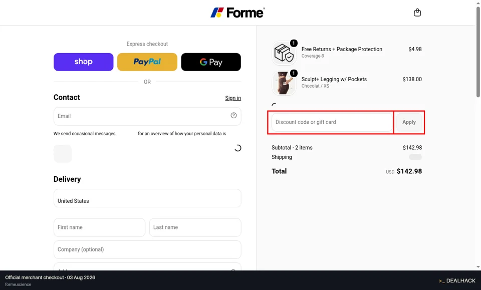 Forme checkout page showing the Discount code or gift card field and Apply button