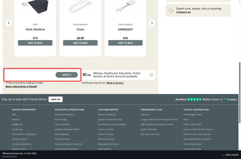 Frames Direct checkout page showing the ctl00$ContentPlaceHolderProductDisplay$txtPromotionCode field and APPLY button