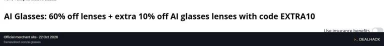 Screenshot of Frames Direct's website on Oct 22, 2026 showing the "Extra 10% Off AI Glasses Lenses" offer