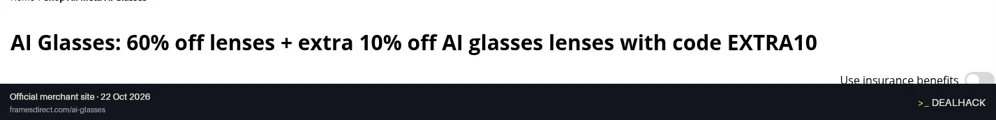 Screenshot of Frames Direct's website on Oct 22, 2026 showing the "Extra 10% Off AI Glasses Lenses" offer