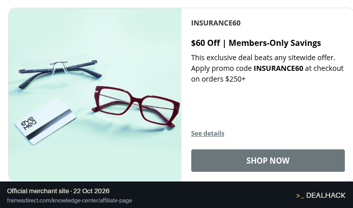 Screenshot of Frames Direct's website on Oct 22, 2026 showing the "$60 Off Member-Exclusive Orders of $250+" offer
