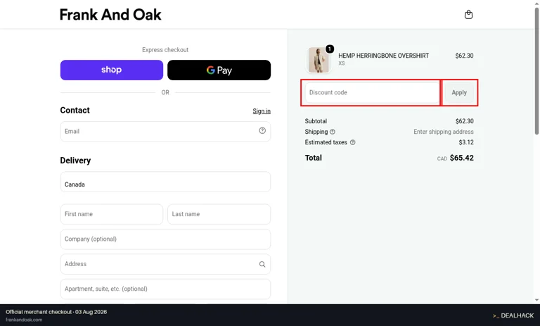 Frank And Oak checkout page showing the Discount code field and Apply button