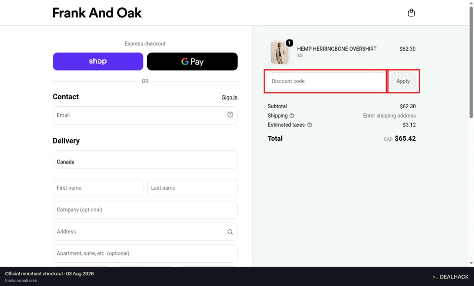 Frank And Oak checkout page showing the Discount code field and Apply button