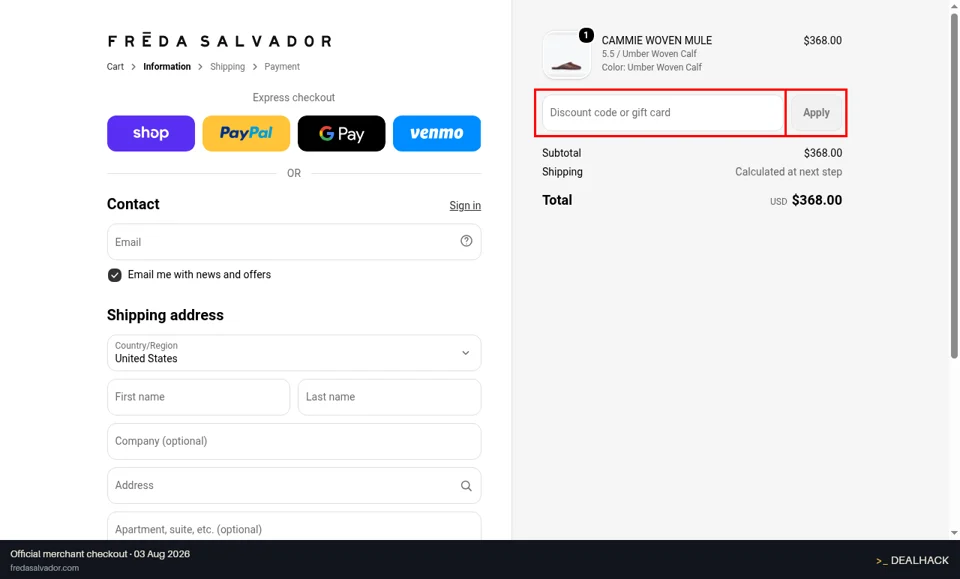 Freda Salvador checkout page showing the Discount code or gift card field and Apply button
