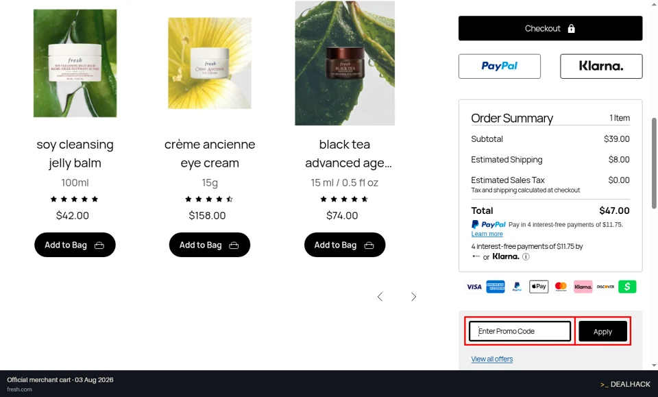 Fresh checkout page showing the Enter Promo Code field and Apply button