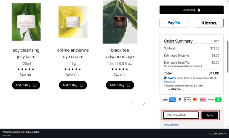 Fresh checkout page showing the Enter Promo Code field and Apply button