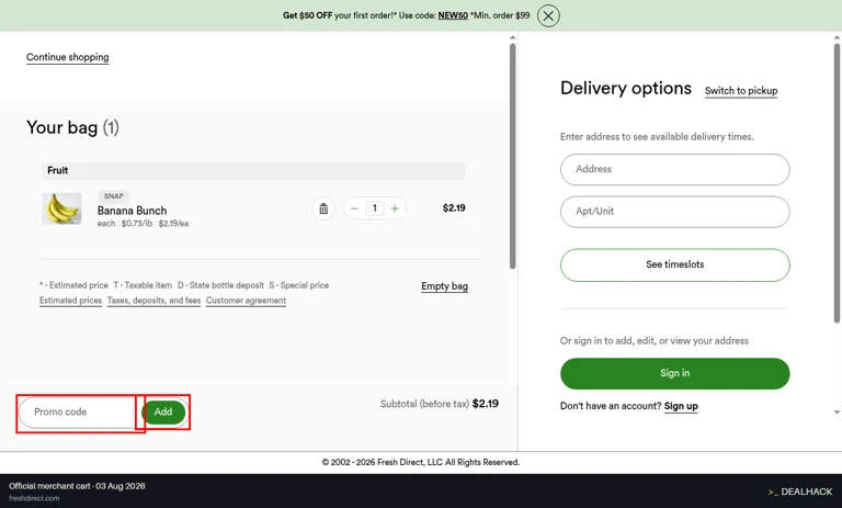 FreshDirect checkout page showing the Promo code field and Add button