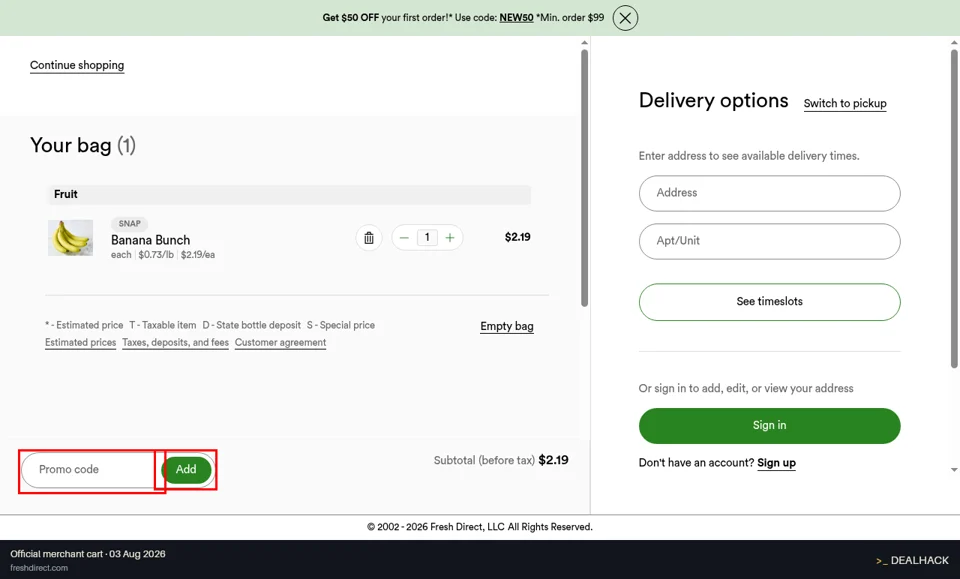 FreshDirect checkout page showing the Promo code field and Add button