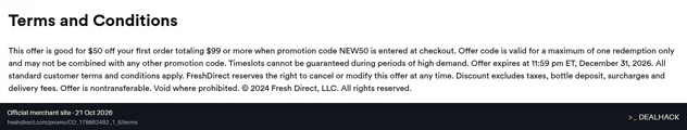 Screenshot of FreshDirect's website on Oct 21, 2026 showing the "Save $50 on Your First $99+ FreshDirect Order" offer