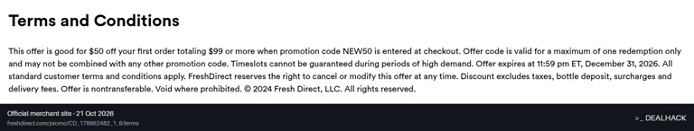 Screenshot of FreshDirect's website on Oct 21, 2026 showing the "Save $50 on Your First $99+ FreshDirect Order" offer