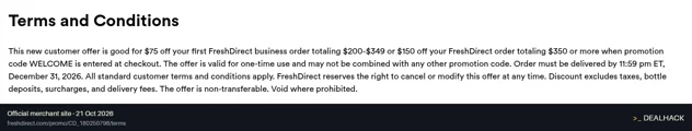 Screenshot of FreshDirect's website on Oct 21, 2026 showing the "Get $75 or $150 Off a FreshDirect Business Order" offer