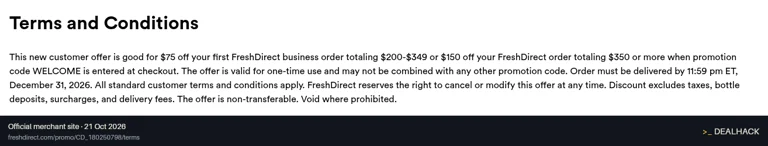 Screenshot of FreshDirect's website on Oct 21, 2026 showing the "Get $75 or $150 Off a FreshDirect Business Order" offer