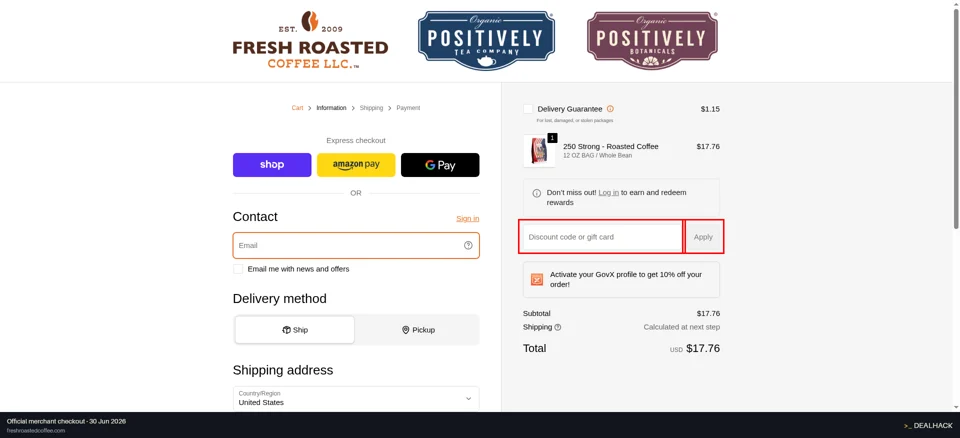 Fresh Roasted Coffee checkout page showing the Discount code or gift card field and Apply button