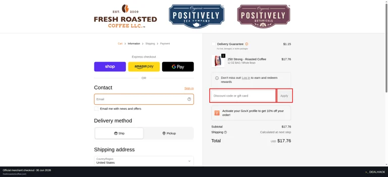 Fresh Roasted Coffee checkout page showing the Discount code or gift card field and Apply button