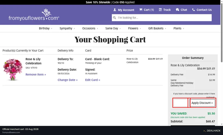 From You Flowers checkout page showing the If you have a discount code, please enter it here (optional): field and Apply Discount button