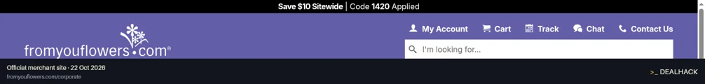 Screenshot of From You Flowers's website on Oct 22, 2026 showing the "Save $10 on Your From You Flowers Order" offer