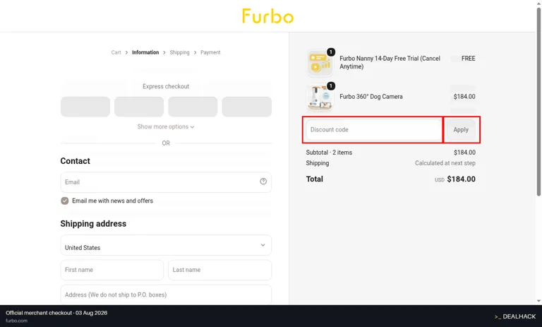 Furbo checkout page showing the Discount code field and Apply button
