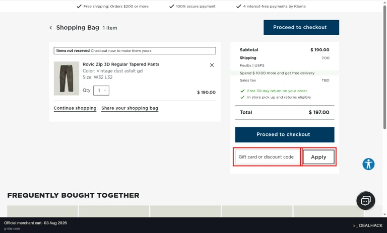 G-Star RAW checkout page showing the Gift card or discount code field and Apply button