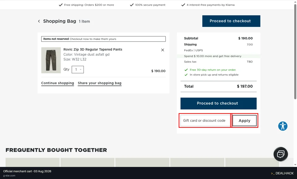G-Star RAW checkout page showing the Gift card or discount code field and Apply button