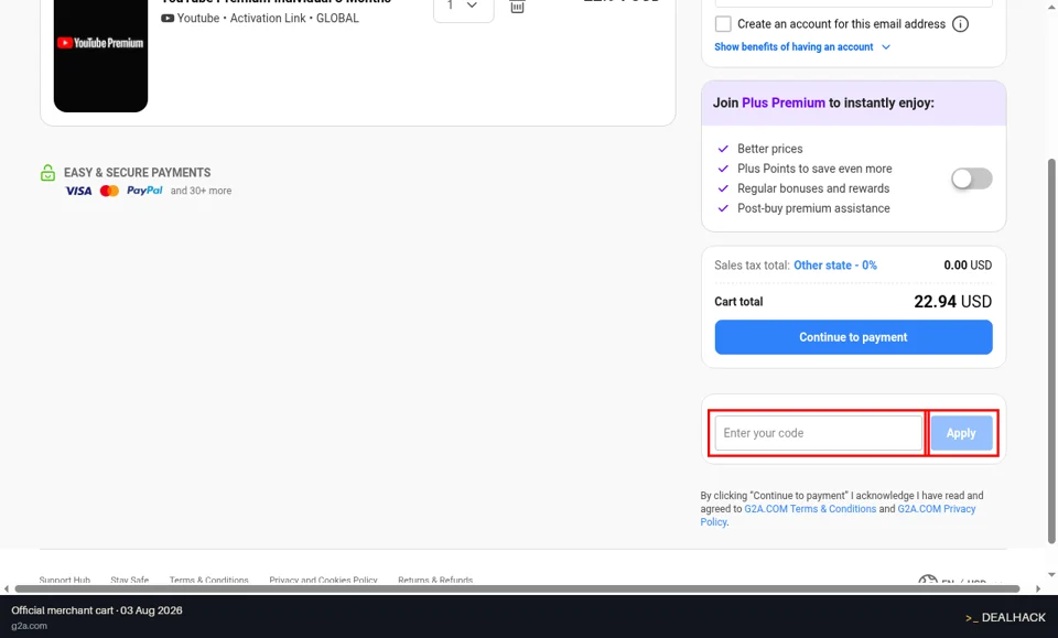 G2A checkout page showing the Enter your code field and Apply button
