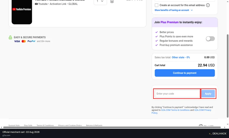 G2A checkout page showing the Enter your code field and Apply button