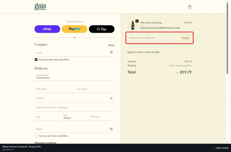 Gaia Herbs checkout page showing the Discount code or gift card field and Apply button