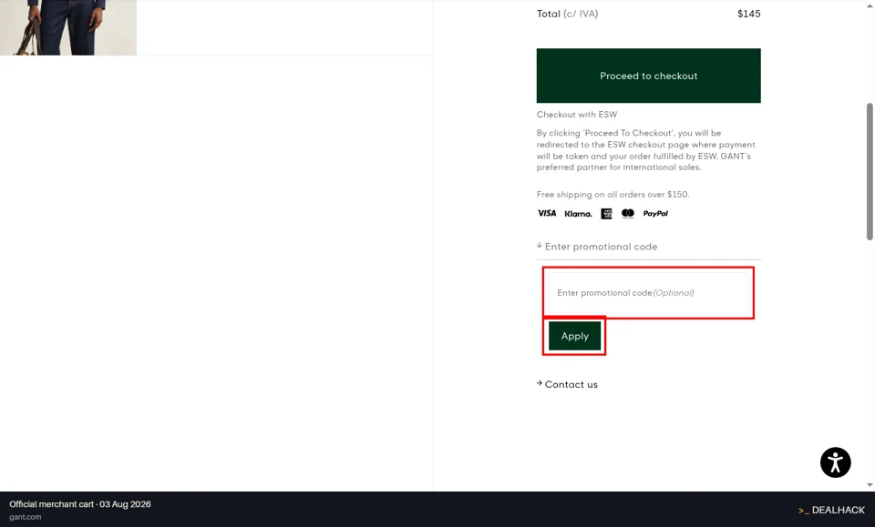GANT checkout page showing the Promotional code field and Apply button