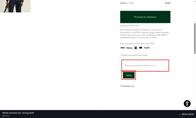 GANT checkout page showing the Promotional code field and Apply button