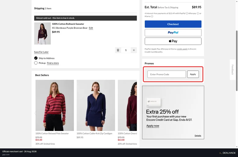 GAP checkout page showing the Enter Promo Code field and Apply button