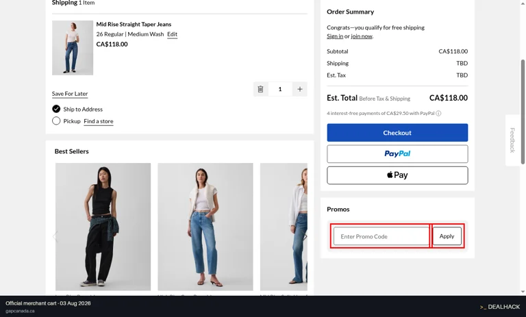 Gap Canada checkout page showing the Enter Promo Code field and Apply button