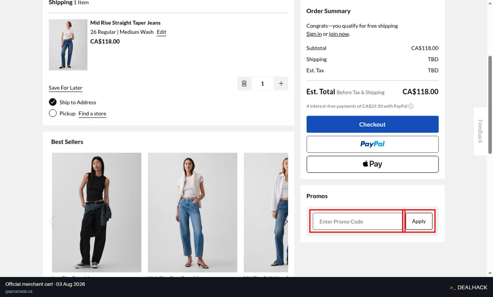 Gap Canada checkout page showing the Enter Promo Code field and Apply button