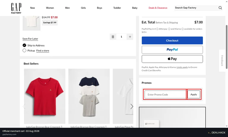 GAP Factory checkout page showing the Enter Promo Code field and Apply button
