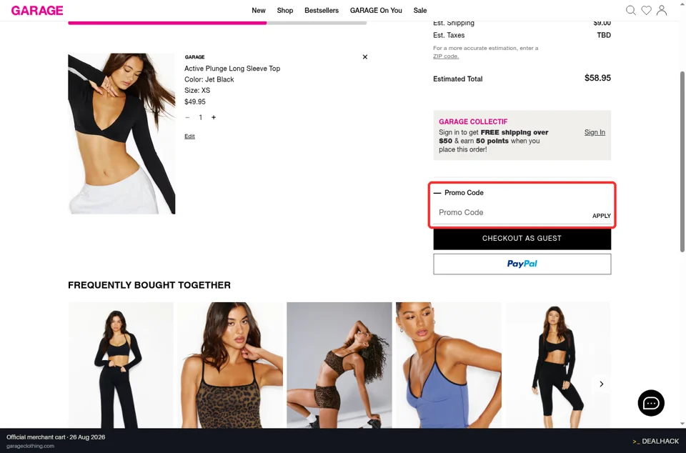Garage Clothing checkout page showing the Promo Code field and Apply button
