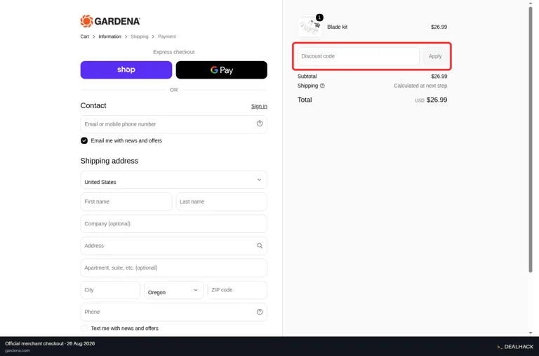 GARDENA checkout page showing the Discount code field and Apply button