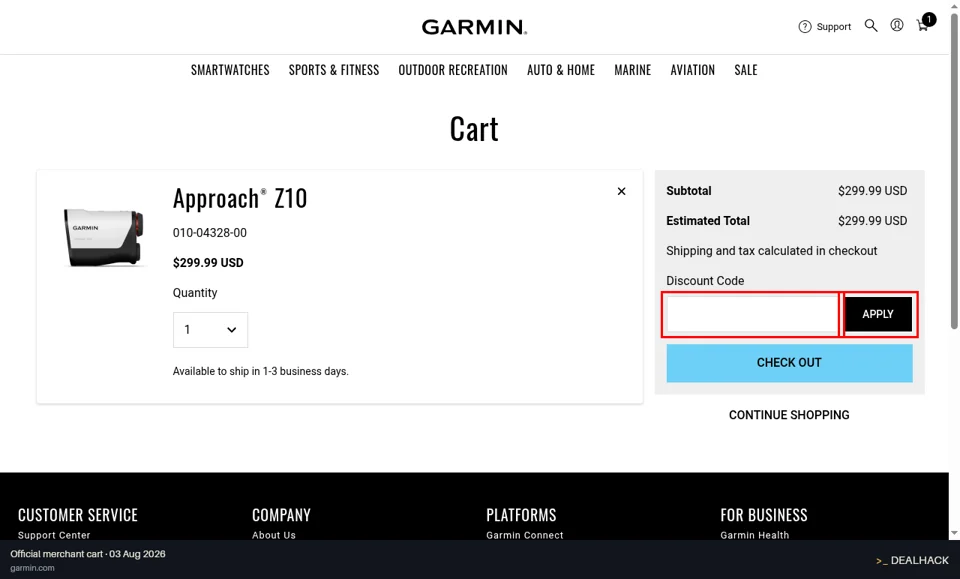 Garmin checkout page showing the promo code field and APPLY button