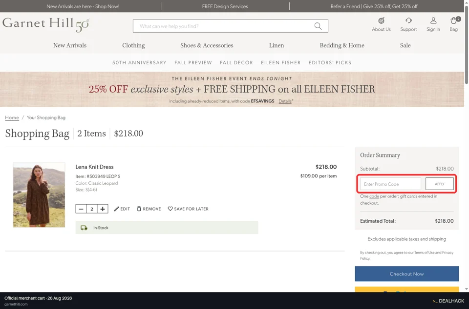 Garnet Hill checkout page showing the Enter Promo Code field and Apply button
