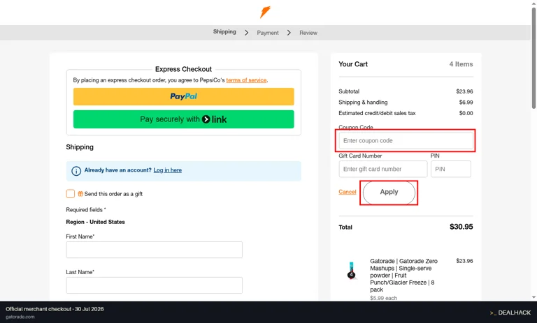 Gatorade checkout page showing the Enter coupon code field and Apply button