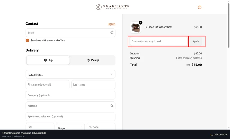 Gearharts Fine Chocolates checkout page showing the Discount code or gift card field and Apply button