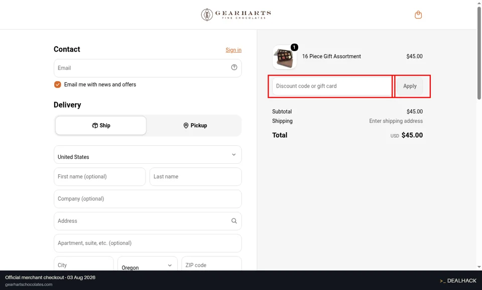 Gearharts Fine Chocolates checkout page showing the Discount code or gift card field and Apply button