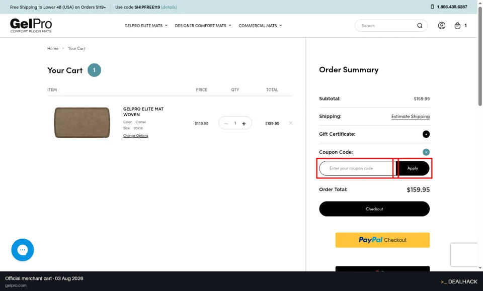 GelPro checkout page showing the Enter your coupon code field and Apply button