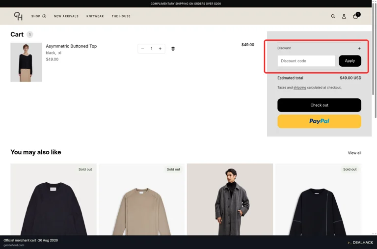 Gentle Herd checkout page showing the Discount code field and Apply button