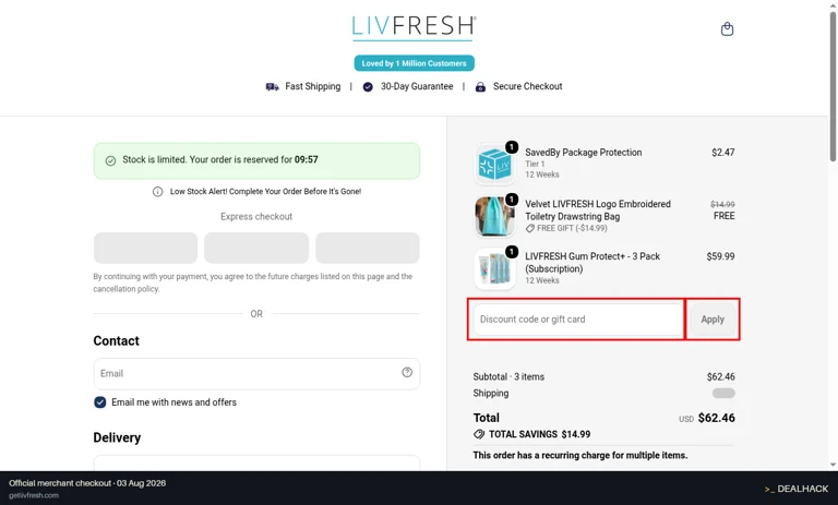 LivFresh checkout page showing the Discount code or gift card field and Apply button