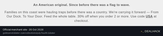 Screenshot of Get Maine Lobster's website on Oct 20, 2026 showing the "30% Off 2 or More Heritage Collection Items" offer
