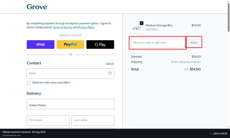 Open Spaces checkout page showing the Discount code or gift card field and Apply button
