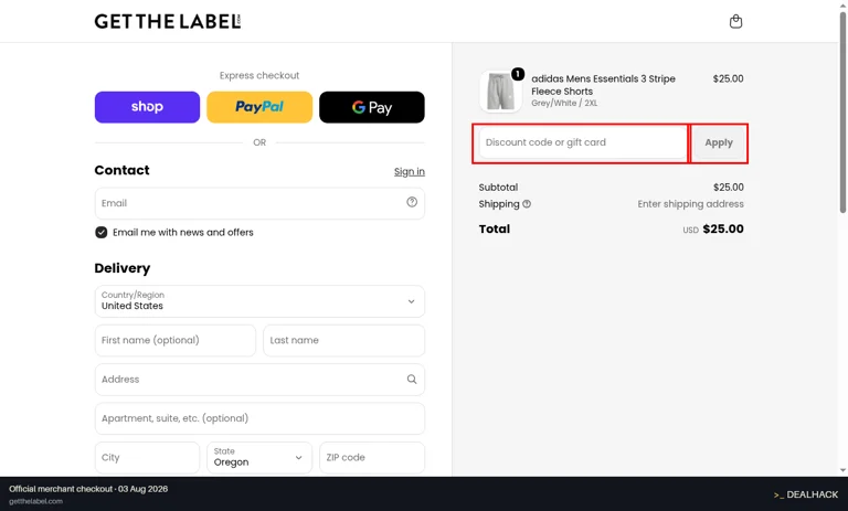 Get The Label checkout page showing the Discount code or gift card field and Apply button