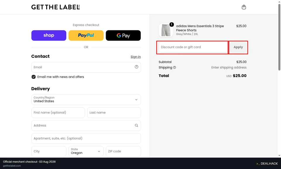 Get The Label checkout page showing the Discount code or gift card field and Apply button
